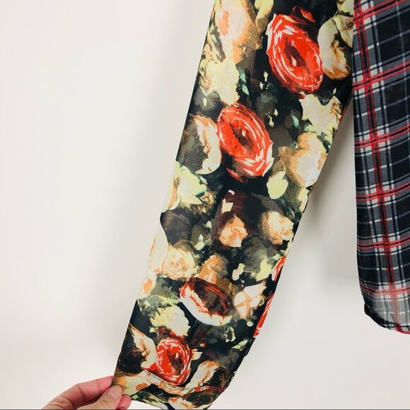 Sans Souci black red floral plaid sheer button grunge preppy top large - Picture 4 of 6